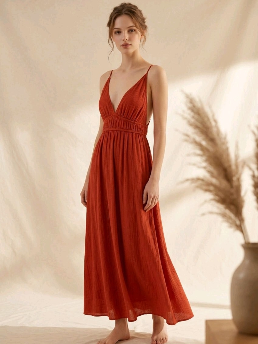 Deep V-Neck Rust Maxi Dress with Spaghetti Straps